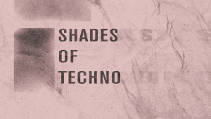 Ein Plakat für die Techno-Eventreihe „Shades of Techno“ mit einem minimalistischen, marmorierten Hintergrund und dunkler Typografie zeigt die Acts Townes (Stuttgart), Masha (Sympuls), 3000_Kaffee sowie Bookman b2b Neuropin. Die Veranstaltung findet am Freitag, den 24.04., von 22:00 bis 4:00 Uhr am Waldsee in Freiburg statt, mit Ticketpreisen von 10 € im Vorverkauf und 12 € an der Abendkasse sowie QR-Codes für weitere Infos.
